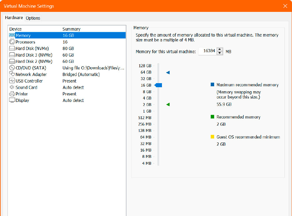 IM Player Sehen Sie ، Wie Viel Ram ihnen Theoretisch Zur Verfügung Steht (blaue pfeilspitze). في unserem Beispiel MIT 64 GB RAM LASSEN SICH DEM VIRTUELLEN Windows-11-System BIS ZU 55،9 GB Zuweisen.